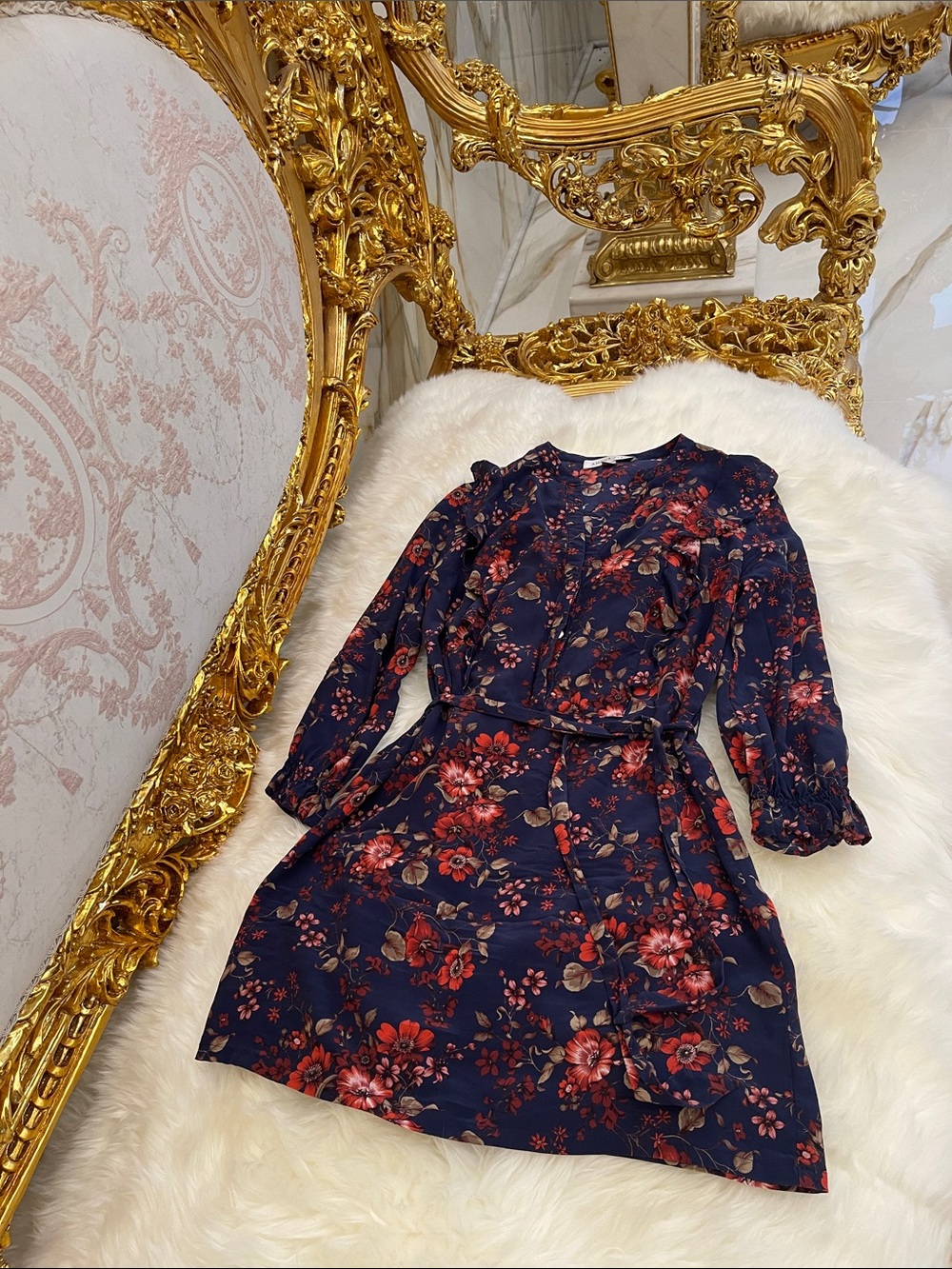 Amour Vert Navy Floral Dress with Red and Pink Flowers